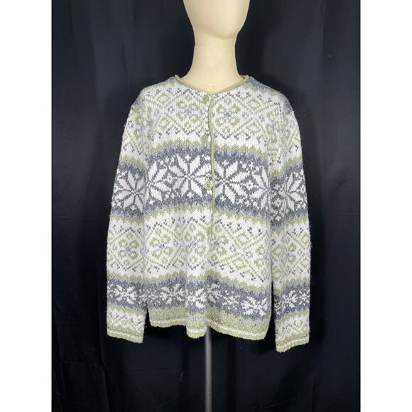 Vintage Croft & Barrow Fair Isle Patterned Cardigan Sweater, Green & Grey XL - Picture 1 of 6